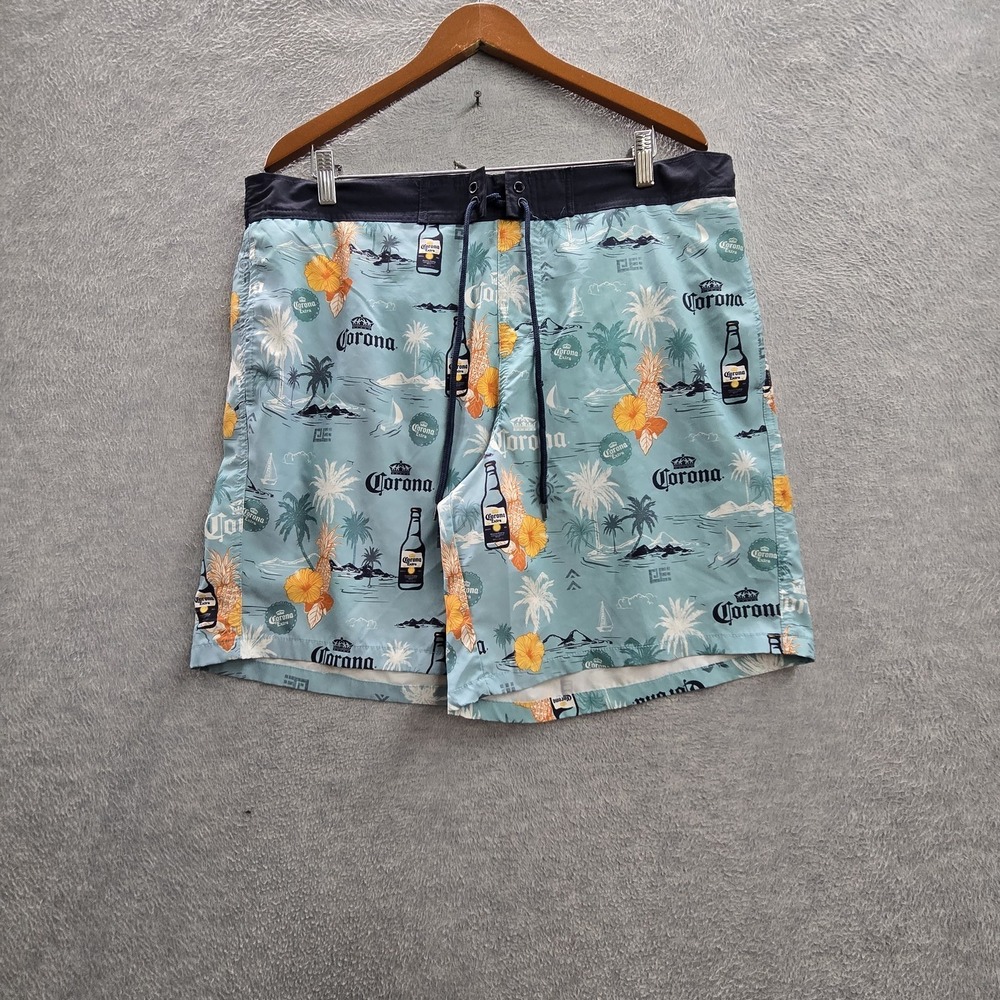 Corona Men Shorts XL Blue Graphic Swimwear Beer Bottles Tropical Swim Trunks